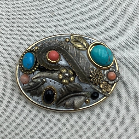 Michel Golan unique turquoise Onyx and Coral brooch - Picture 1 of 6